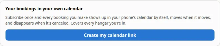 The Your bookings in your own calendar card with its Create my calendar link button