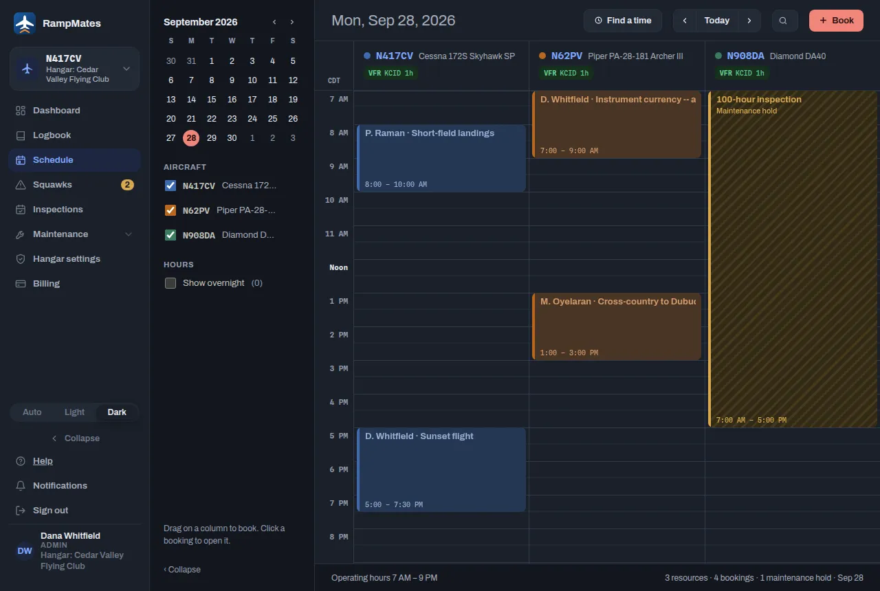 The schedule's day view: a column per aircraft, the hours down the left, bookings as colored blocks