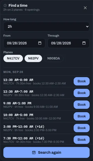 Find a time searching one day for two hours, with N908DA switched off under Planes, and the openings listed with a Book button on each
