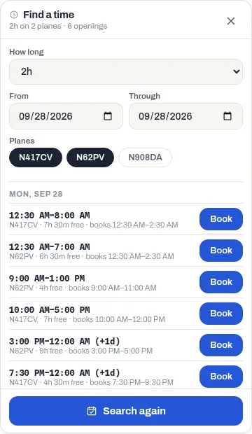 Find a time searching one day for two hours, with N908DA switched off under Planes, and the openings listed with a Book button on each