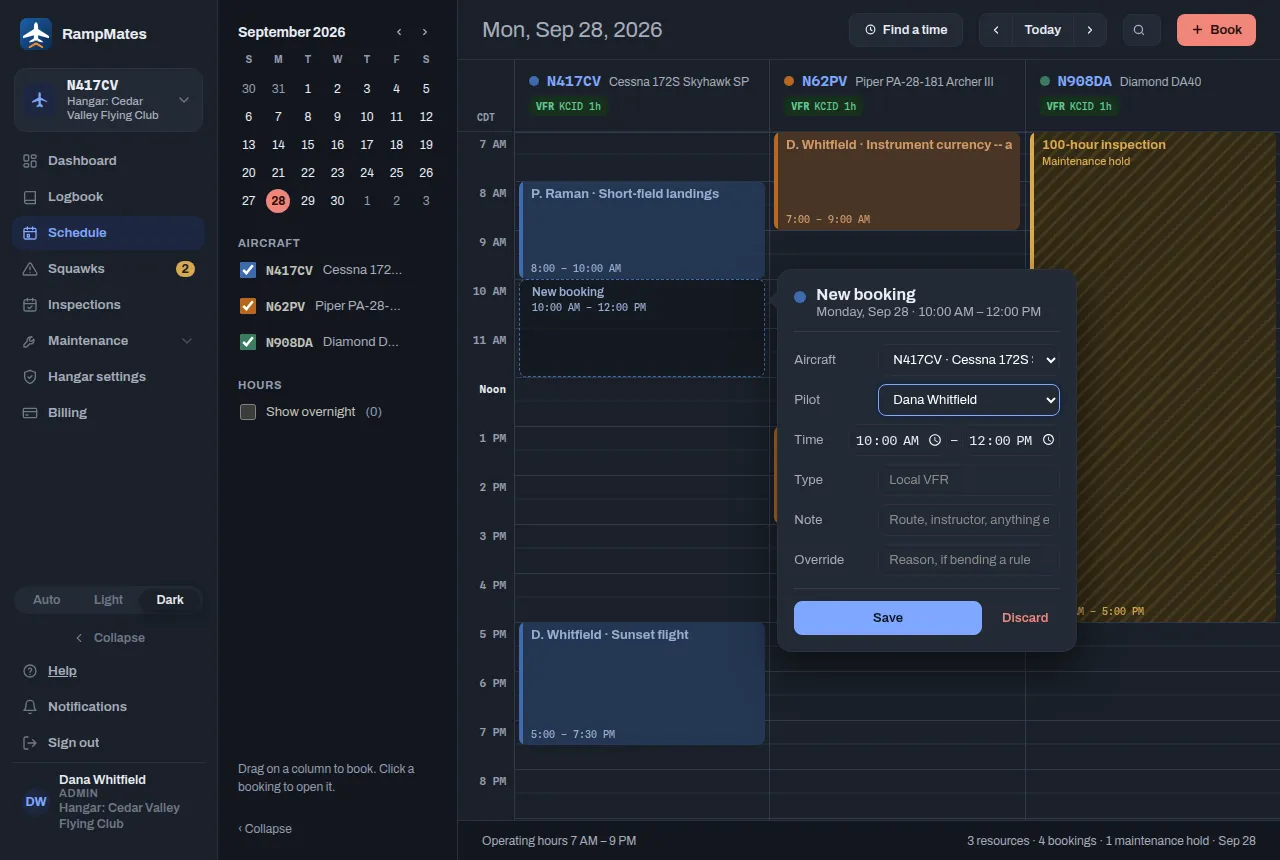 The New booking box over the day view, with Aircraft, Pilot, Time, Type and Note fields