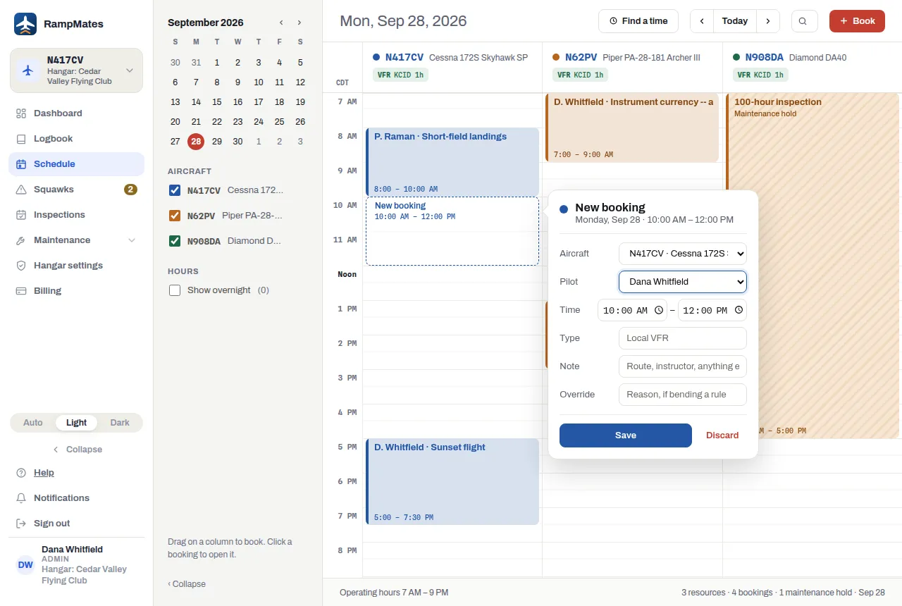 The New booking box over the day view, with Aircraft, Pilot, Time, Type and Note fields