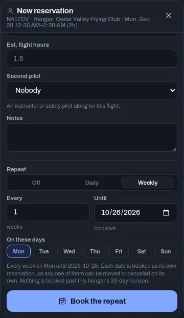 The New reservation panel with Repeat set to Weekly, the Every and Until fields, and the weekday buttons