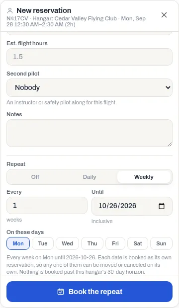 The New reservation panel with Repeat set to Weekly, the Every and Until fields, and the weekday buttons