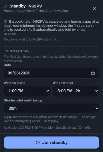 The Standby panel for N62PV with nobody in line yet, and the Join standby form with Date, Window starts, Window ends and Shortest slot worth taking