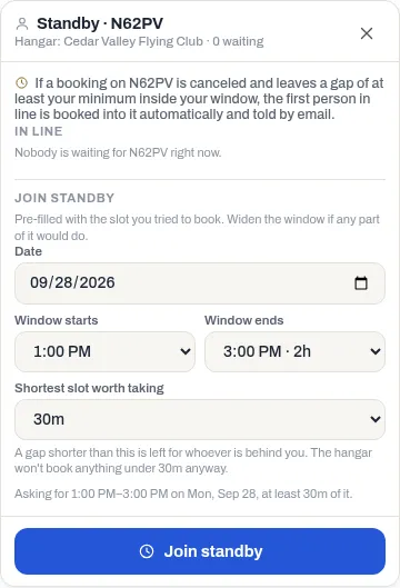 The Standby panel for N62PV with nobody in line yet, and the Join standby form with Date, Window starts, Window ends and Shortest slot worth taking